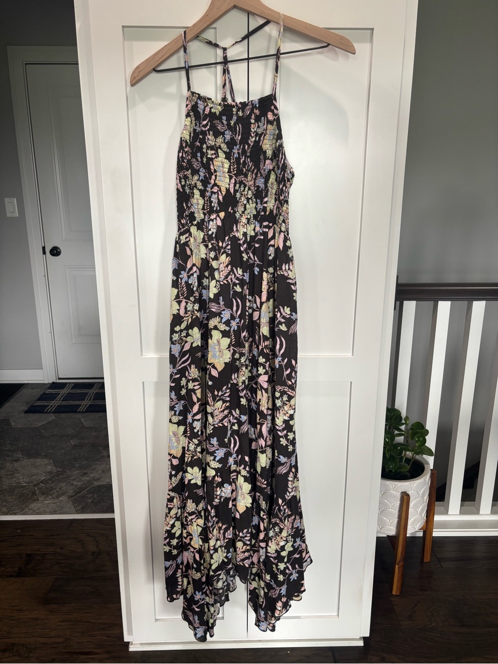 Free People Black Free Flowing Maxi Dress with Ruched Top- Pastel Floral Pattern